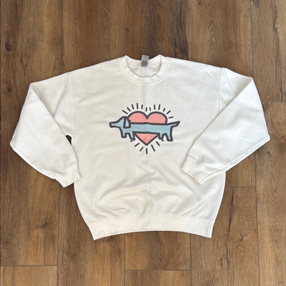 White Sweatshirt with Heart and Dog Graphic